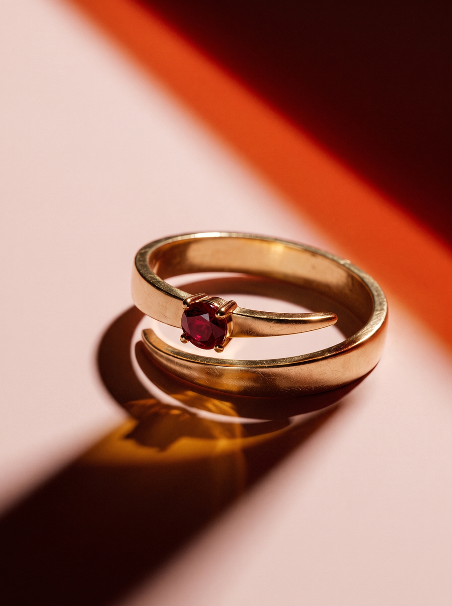 Tier Ring in 18K gold vermeil with a red stone in a warm streak of light on pink