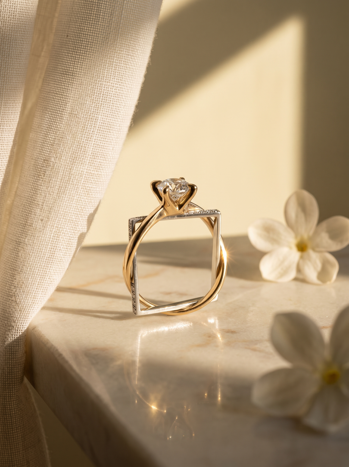 Twin Band Ring in two-tone gold and silver on marble beside white blossoms and a sheer curtain
