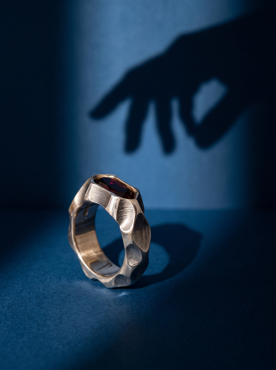 Faceted Ring in oxidised silver on a deep blue backdrop with the shadow of a hand