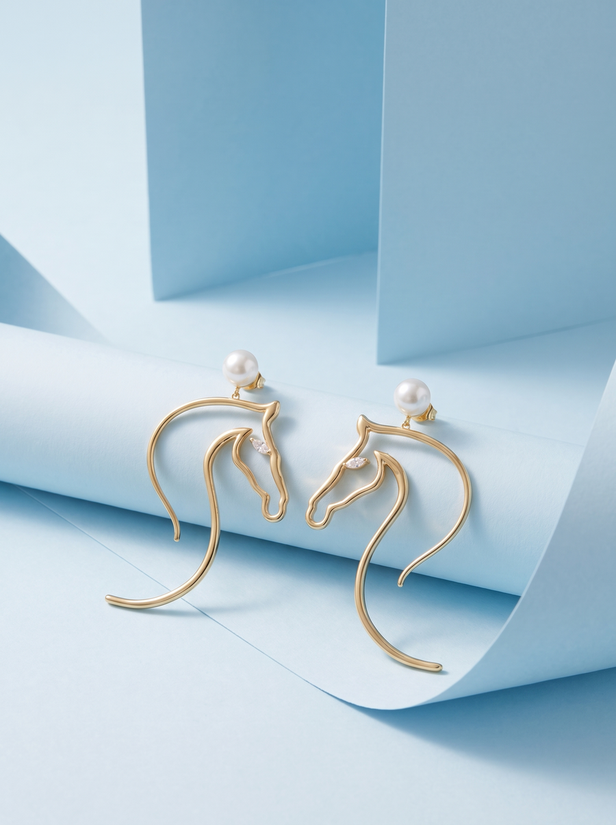 Horse Earrings in 18K gold vermeil, single-line horse heads displayed on pale blue paper