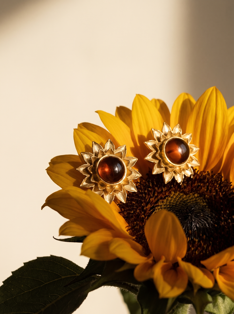 Sunflower Studs in 18K gold vermeil with amber stones resting on a real sunflower