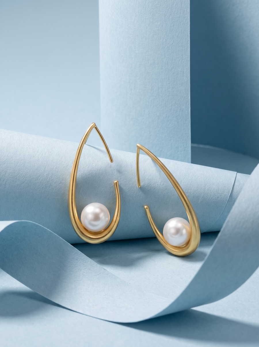 Cradle Earrings in 18K gold vermeil with pearls, set against curls of pale blue paper