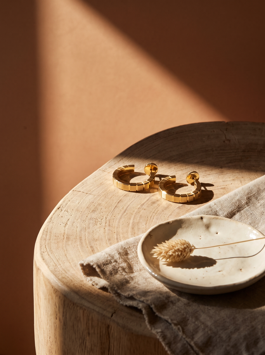 Ridged Hoops in 18K gold vermeil on a round wooden table beside a ceramic dish and dried grass
