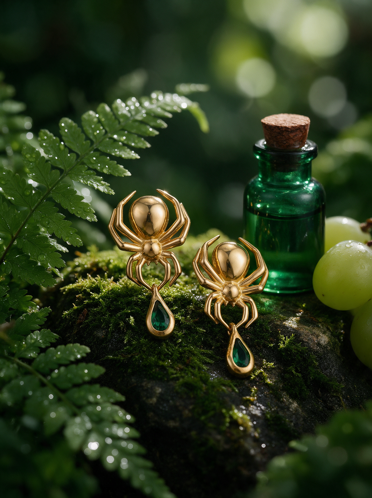 Spider Earrings in 18K gold vermeil with green teardrop stones on moss beside a fern and green bottle
