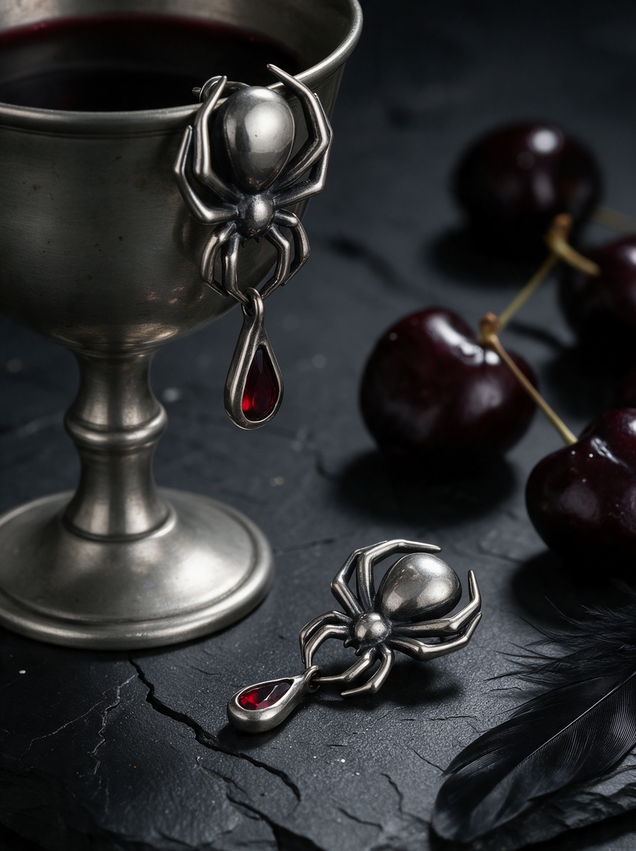 Spider Earrings in oxidised silver with red teardrop stones on a pewter goblet beside dark cherries