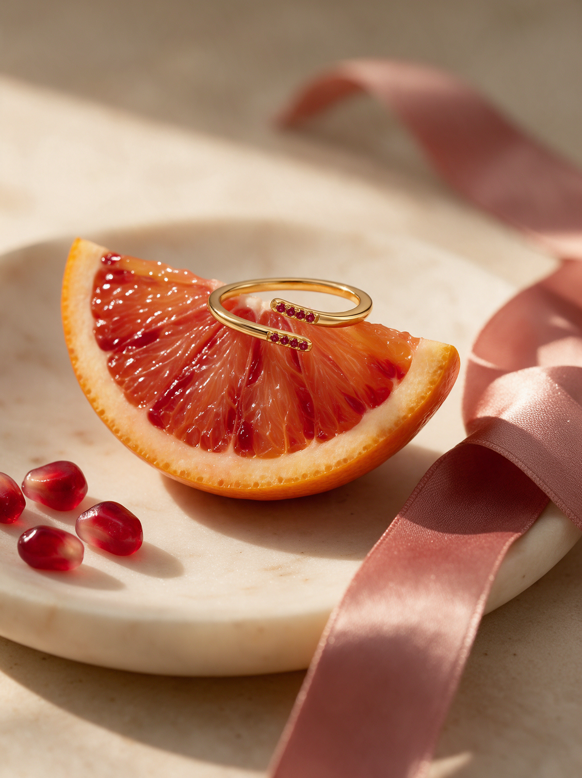 Parallel Ring in 18K gold vermeil with red stones on a blood orange slice beside pomegranate seeds