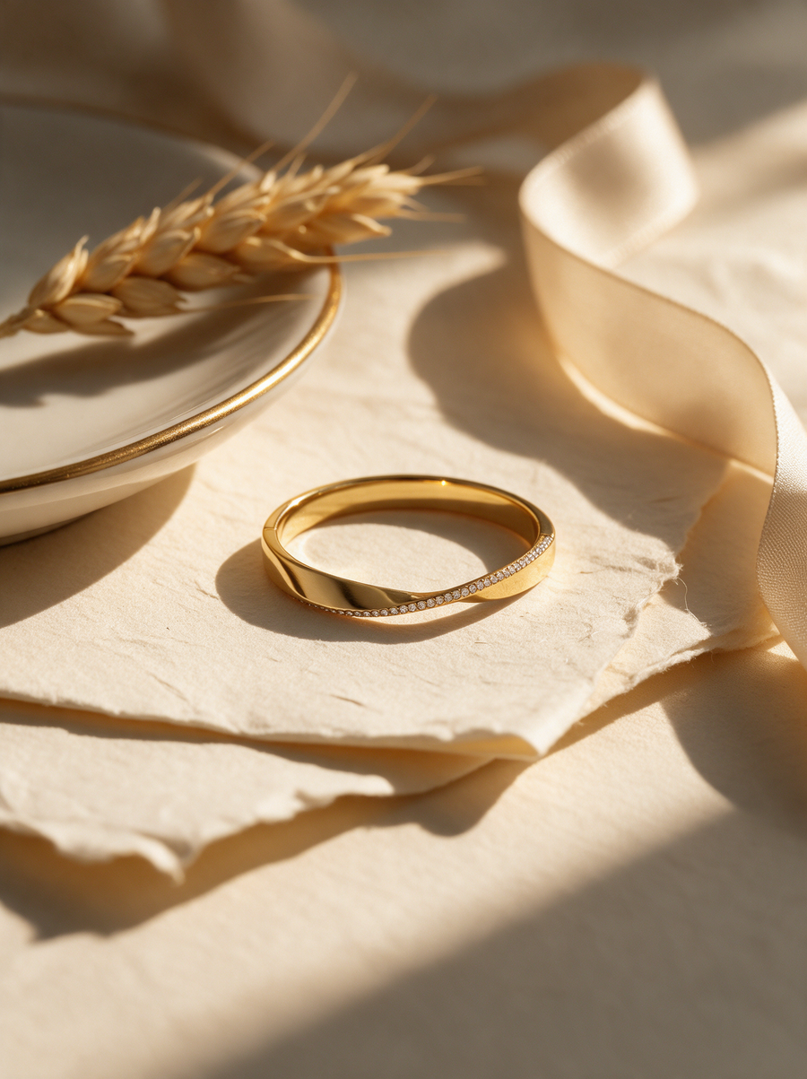 Twisted Band Ring in 18K gold vermeil on handmade paper beside a wheat stem and cream ribbon