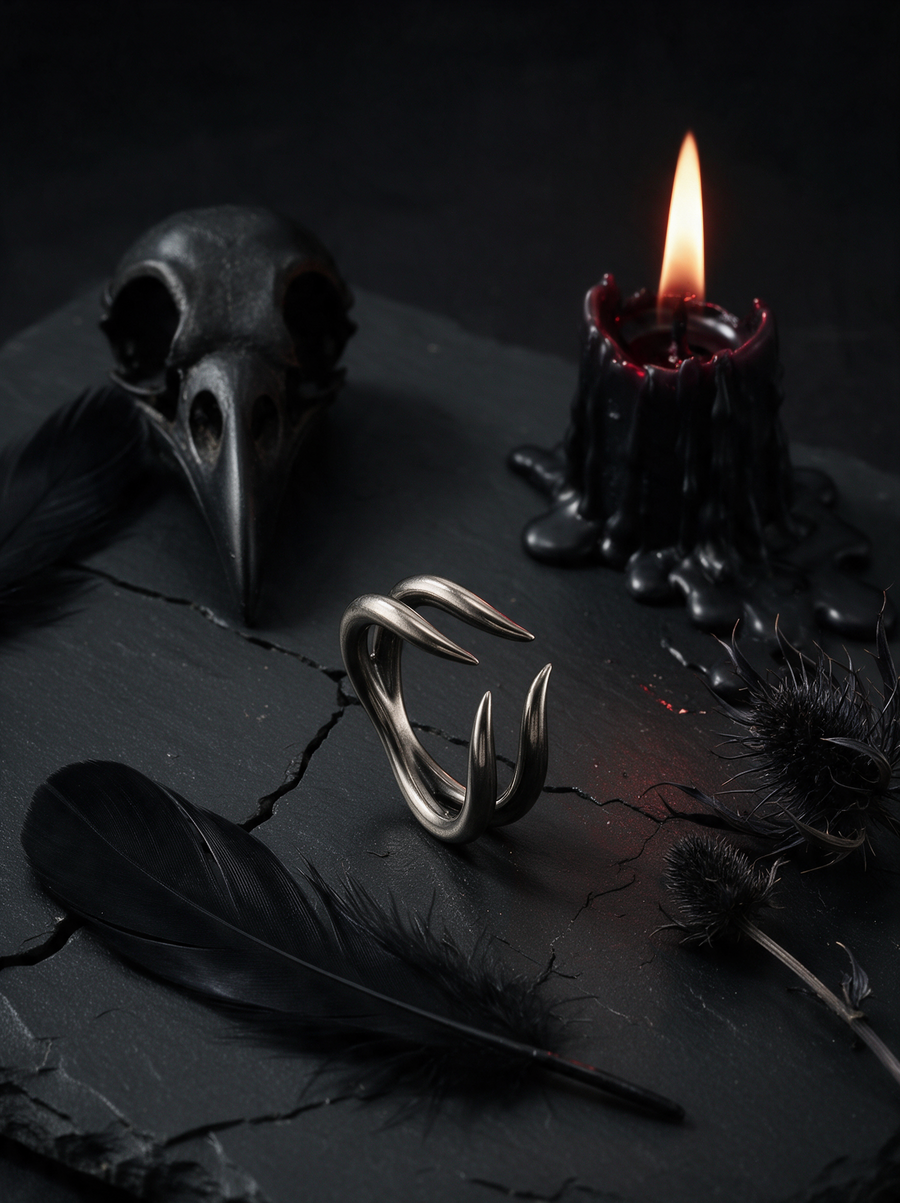 Talon Ring in oxidised silver on black slate beside a bird skull, a black feather and a candle