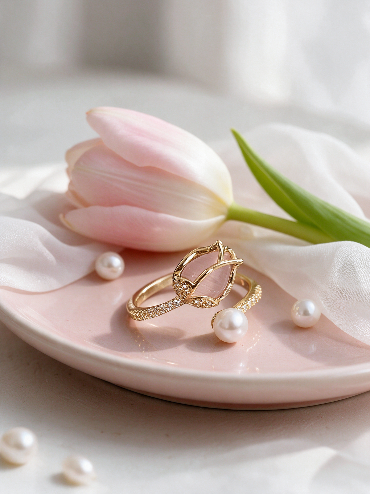 Calyx Ring with a pale pink stone and a pearl on a pink plate beside a tulip and loose pearls