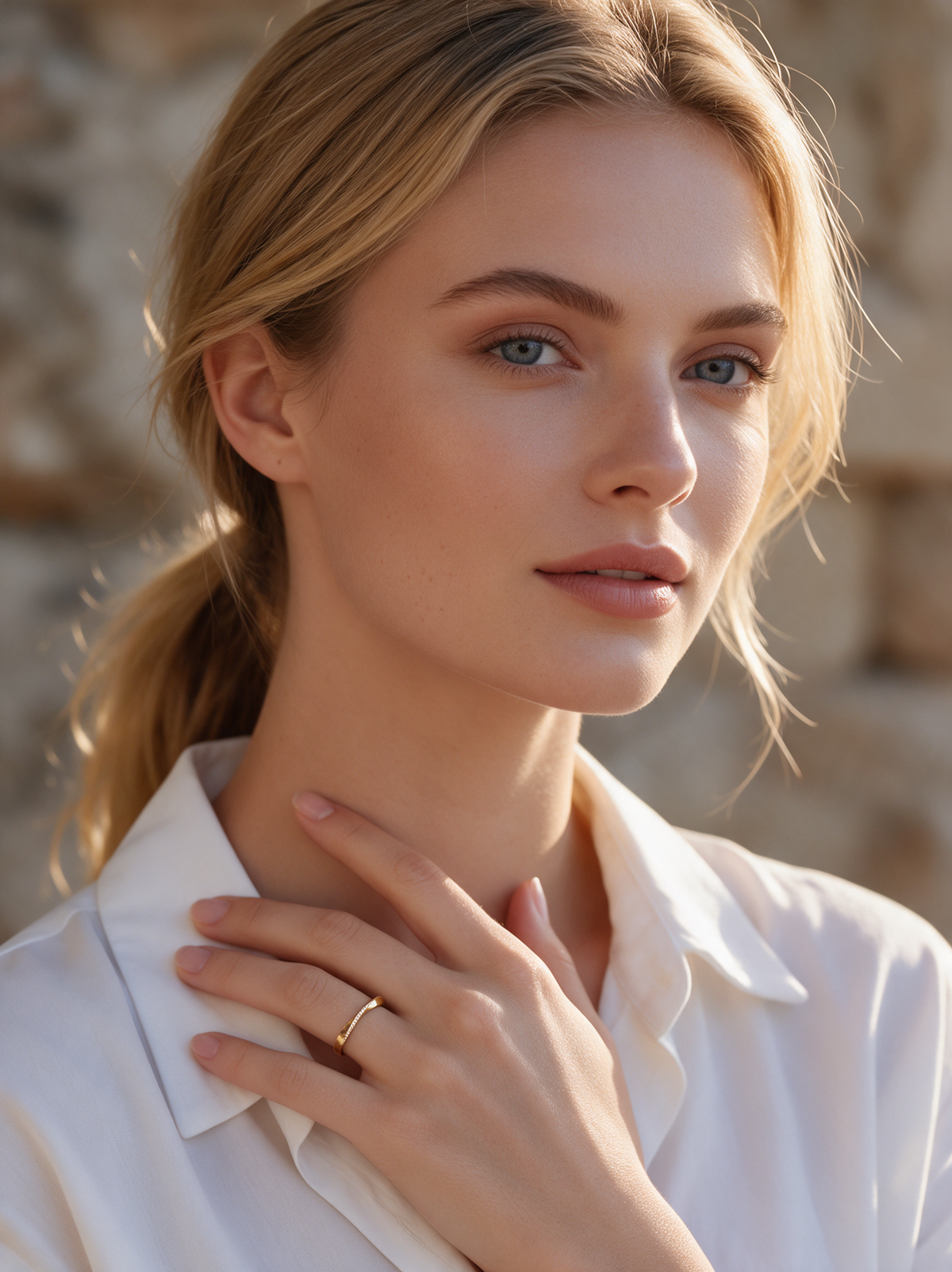 Model in a white shirt wearing the Twisted Band Ring in 18K gold vermeil, hand at her collar