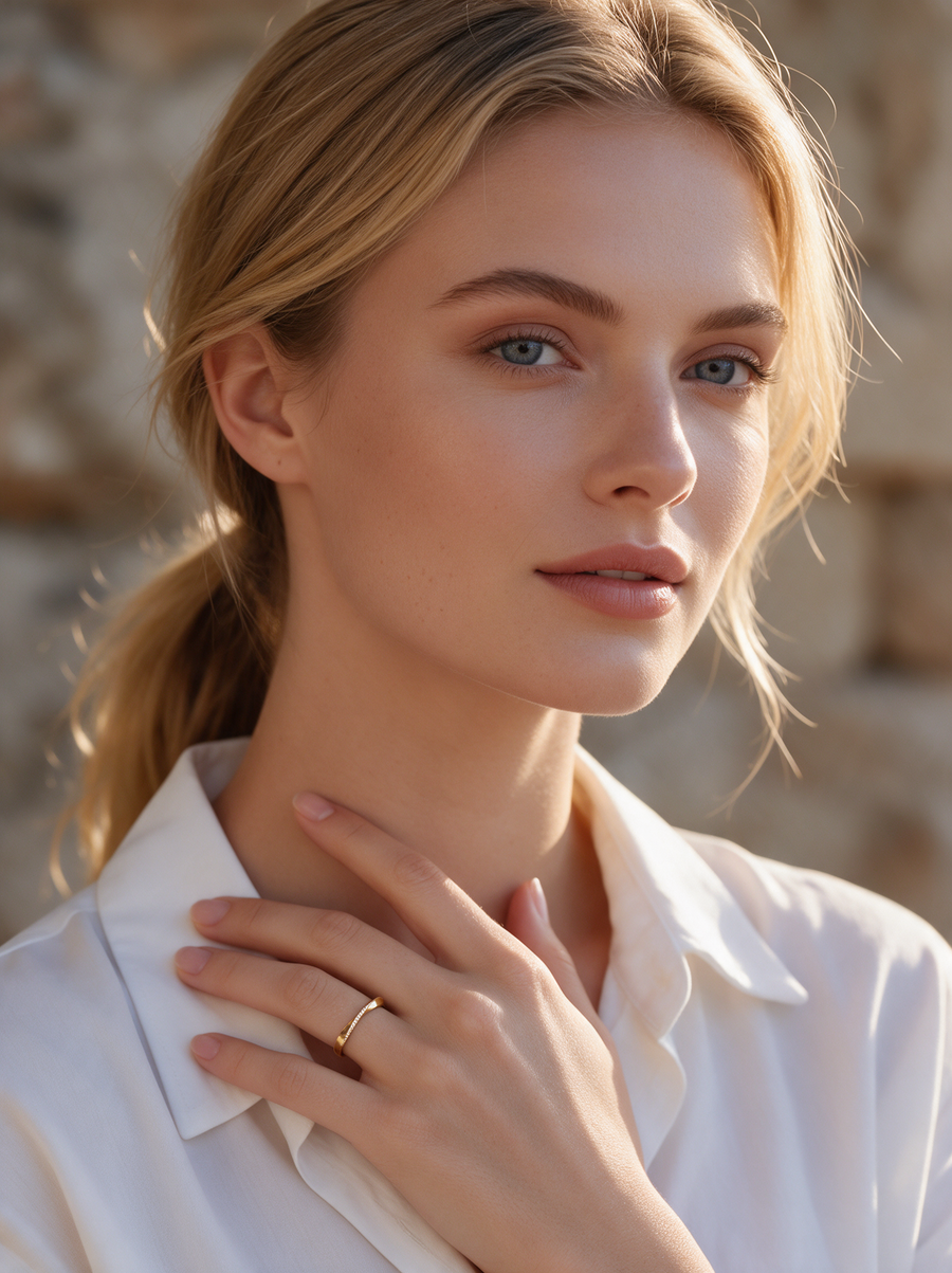 Model in a white shirt wearing the Twisted Band Ring in 18K gold vermeil, hand at her collar