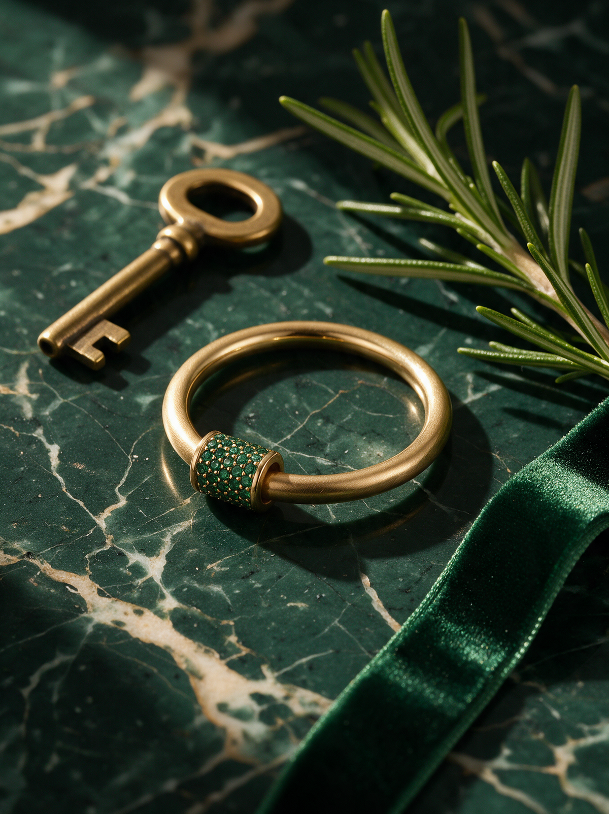Lock Ring in 18K gold vermeil with green stones on green marble beside a brass key and rosemary