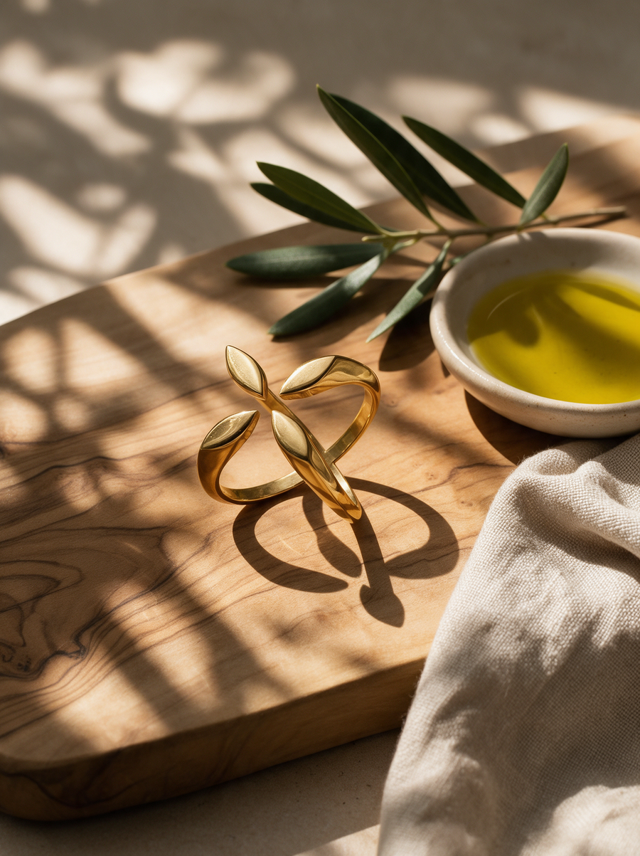 The Amaris Ring in 18K gold vermeil on an olive-wood board beside an olive sprig and a dish of oil