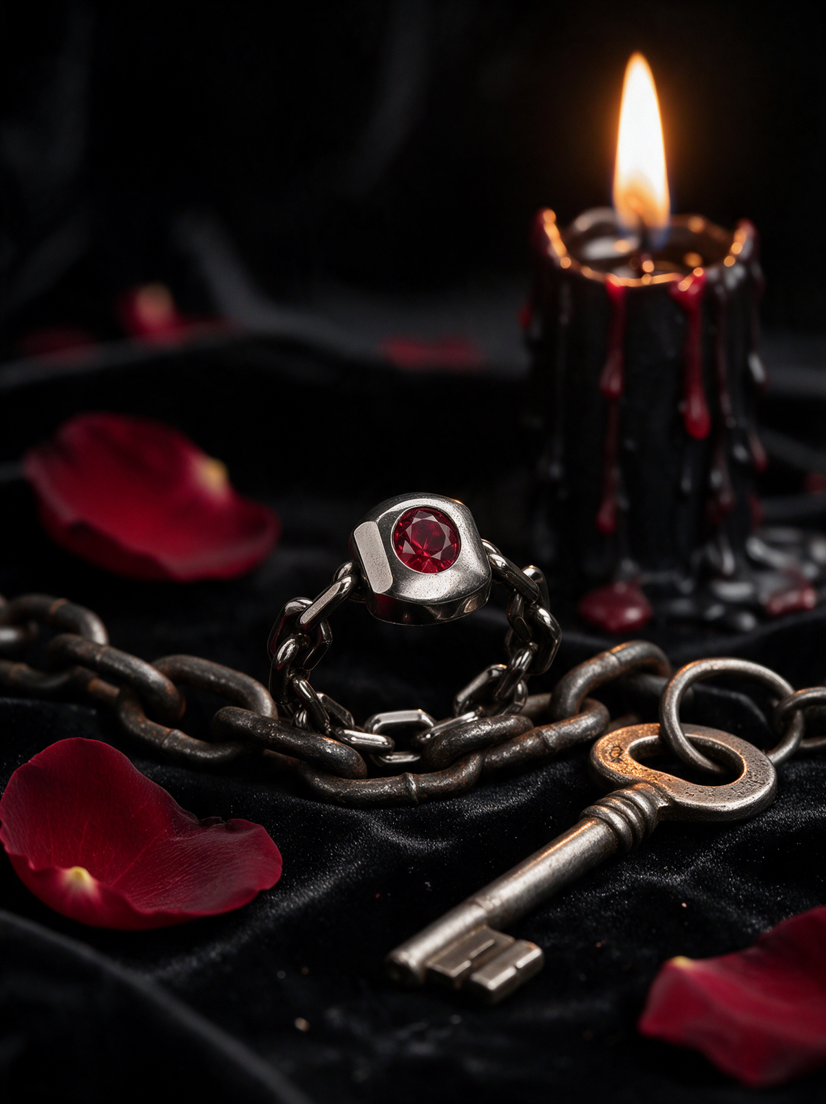 Chain Ring in oxidised silver with a red stone on black velvet beside an old key, chain and rose petals