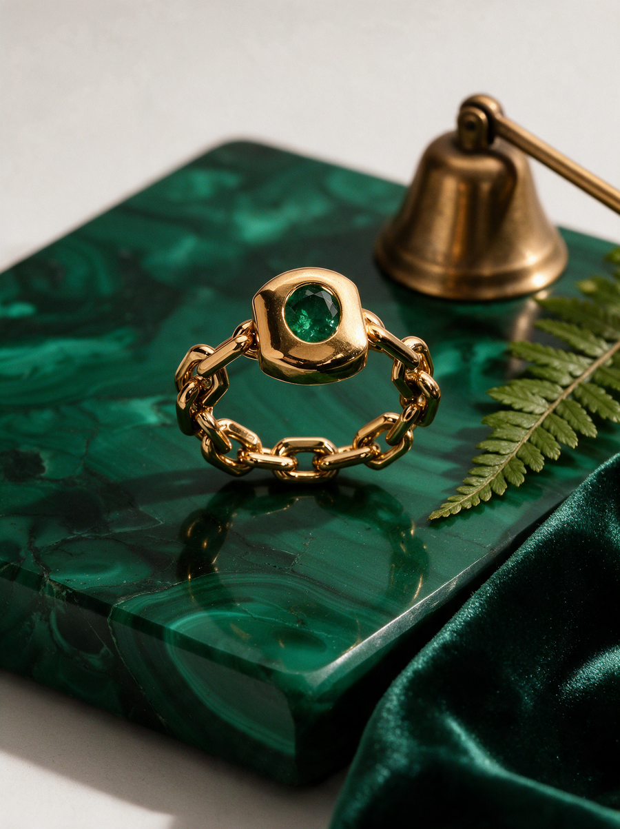 Chain Ring in 18K gold vermeil with a green stone on a malachite slab beside a brass candle snuffer and fern
