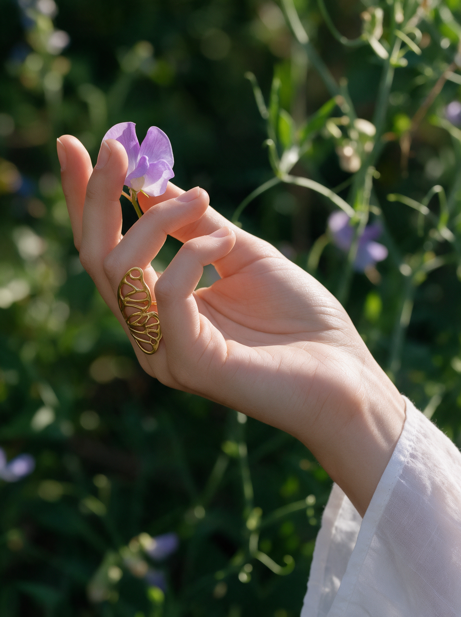 Butterfly Wing Ring in 18K gold vermeil on a hand holding a sweet pea flower in a garden