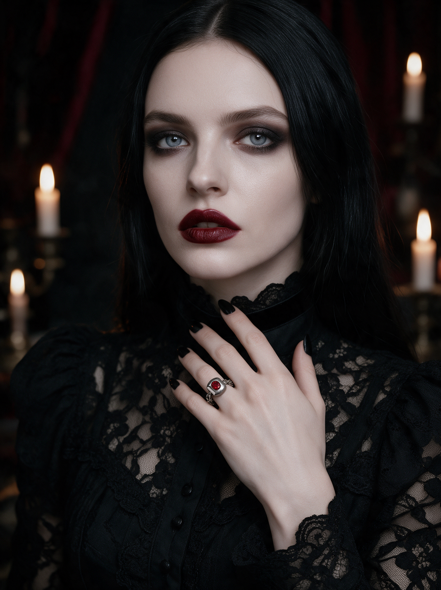 Model in black lace wearing the Chain Ring in oxidised silver with a red stone, lit by candles