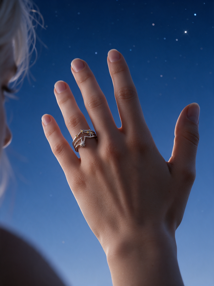 Cosmic Ring in sterling silver with champagne stones on a hand raised against a starry blue sky