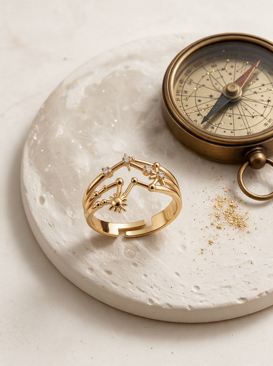 Cosmic Ring in 18K gold vermeil on a moon-textured plaster dish beside a brass compass