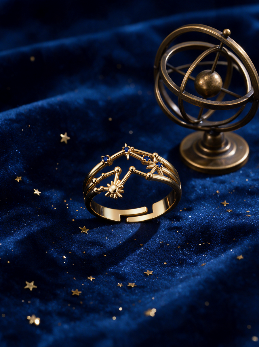 Cosmic Ring in 18K gold vermeil on navy velvet scattered with gold stars beside a brass armillary sphere