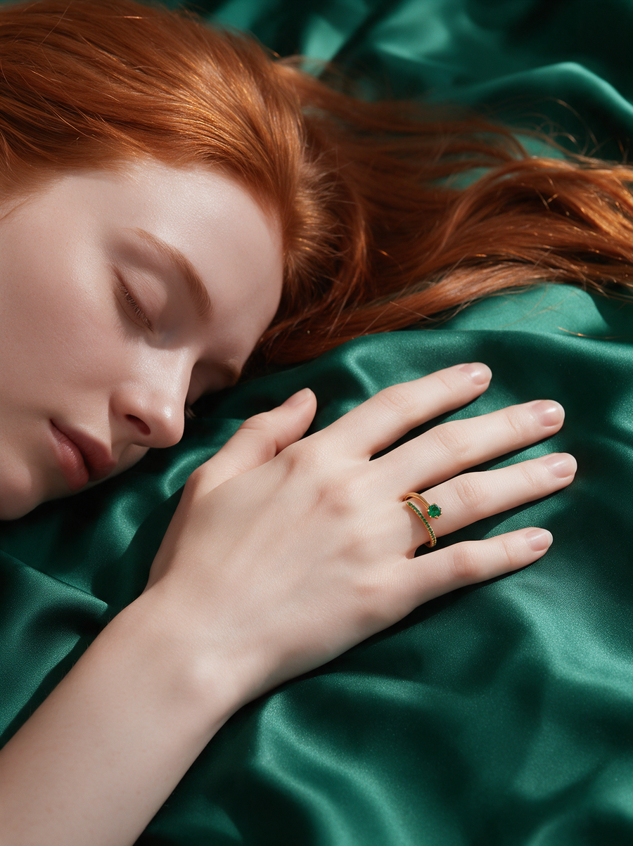 Model resting on green satin wearing the Comet Ring in 18K gold vermeil with green stones