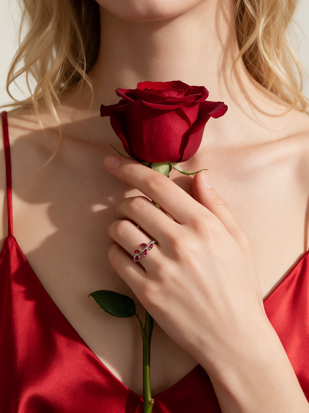 Model in red satin holding a red rose, wearing the Laurel Ring in sterling silver with red stones