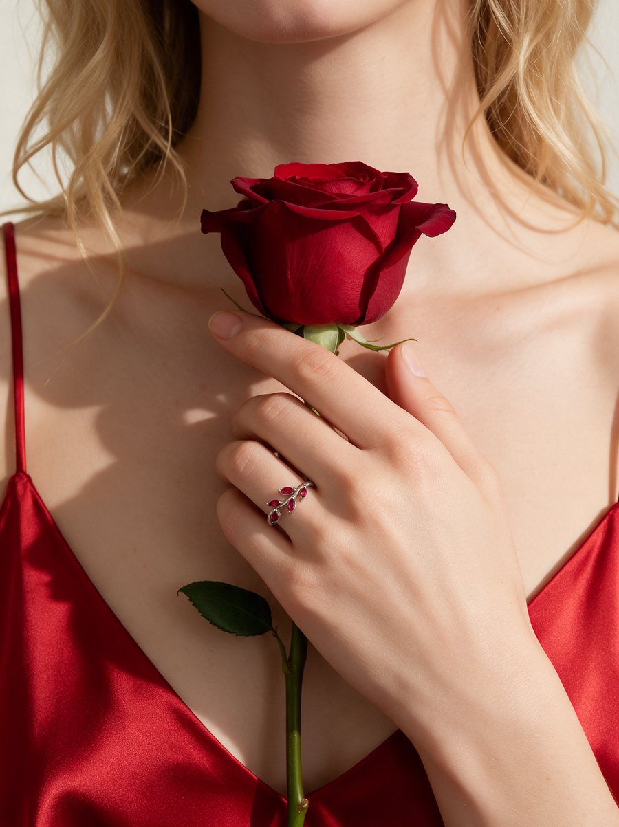 Model in red satin holding a red rose, wearing the Laurel Ring in sterling silver with red stones