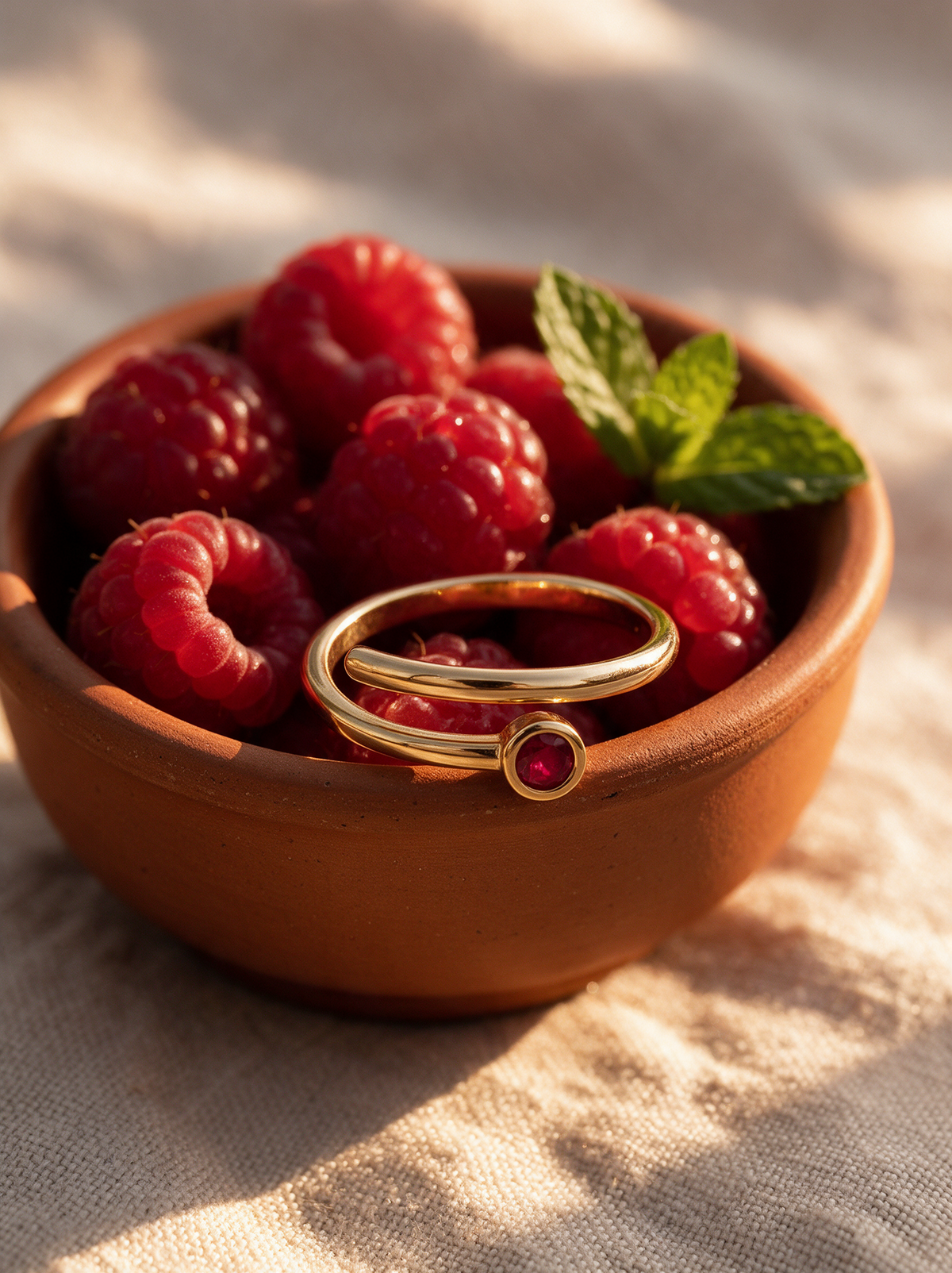 Coil Ring in 18K gold vermeil with a red stone on a terracotta bowl of raspberries