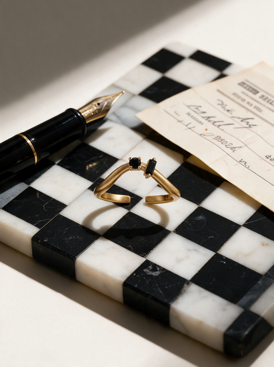 Dot Dash Ring in 18K gold vermeil with black stones on a checkerboard marble tray beside a fountain pen