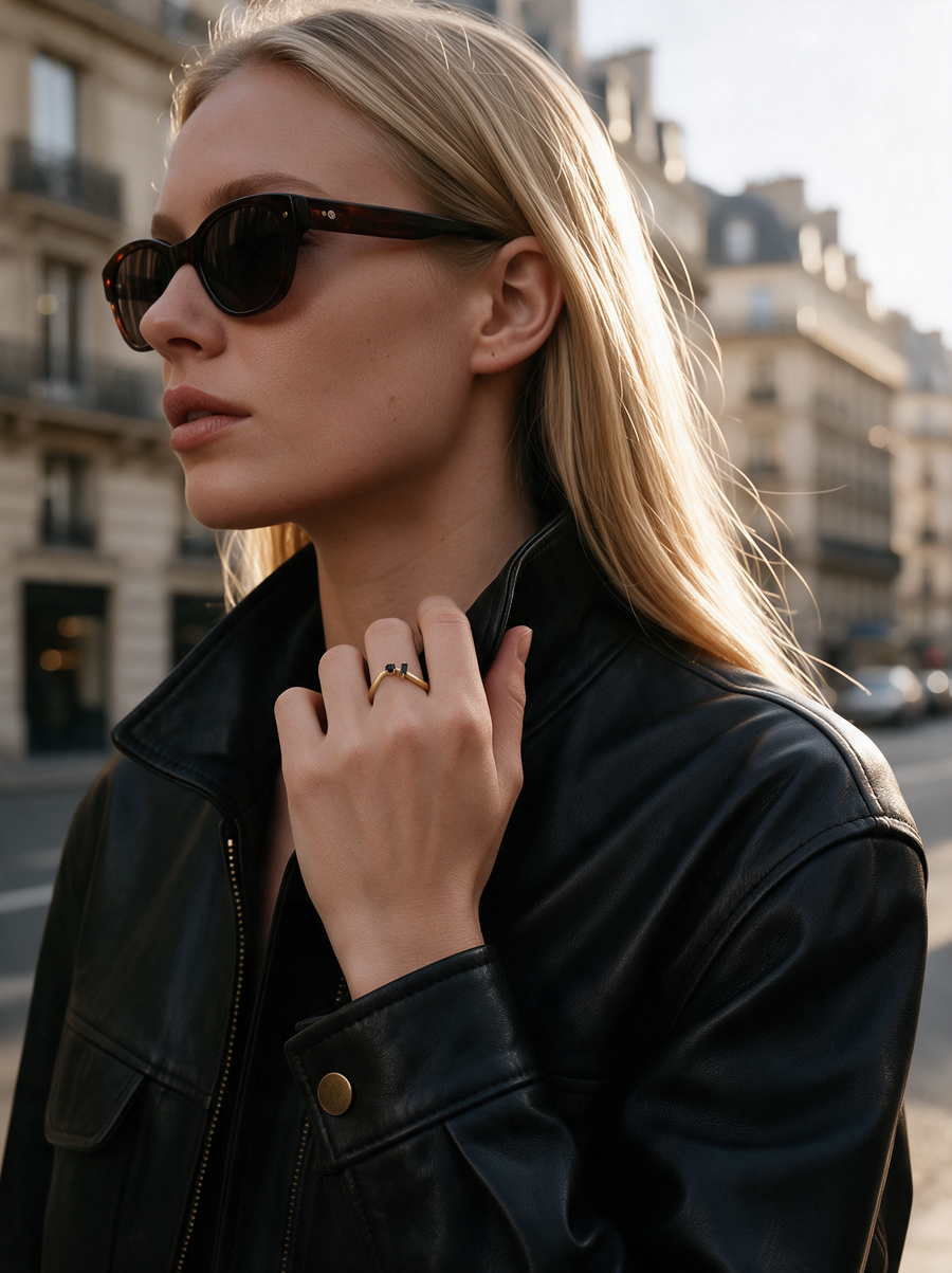 Model in sunglasses and a leather jacket wearing the Dot Dash Ring in 18K gold vermeil with black stones