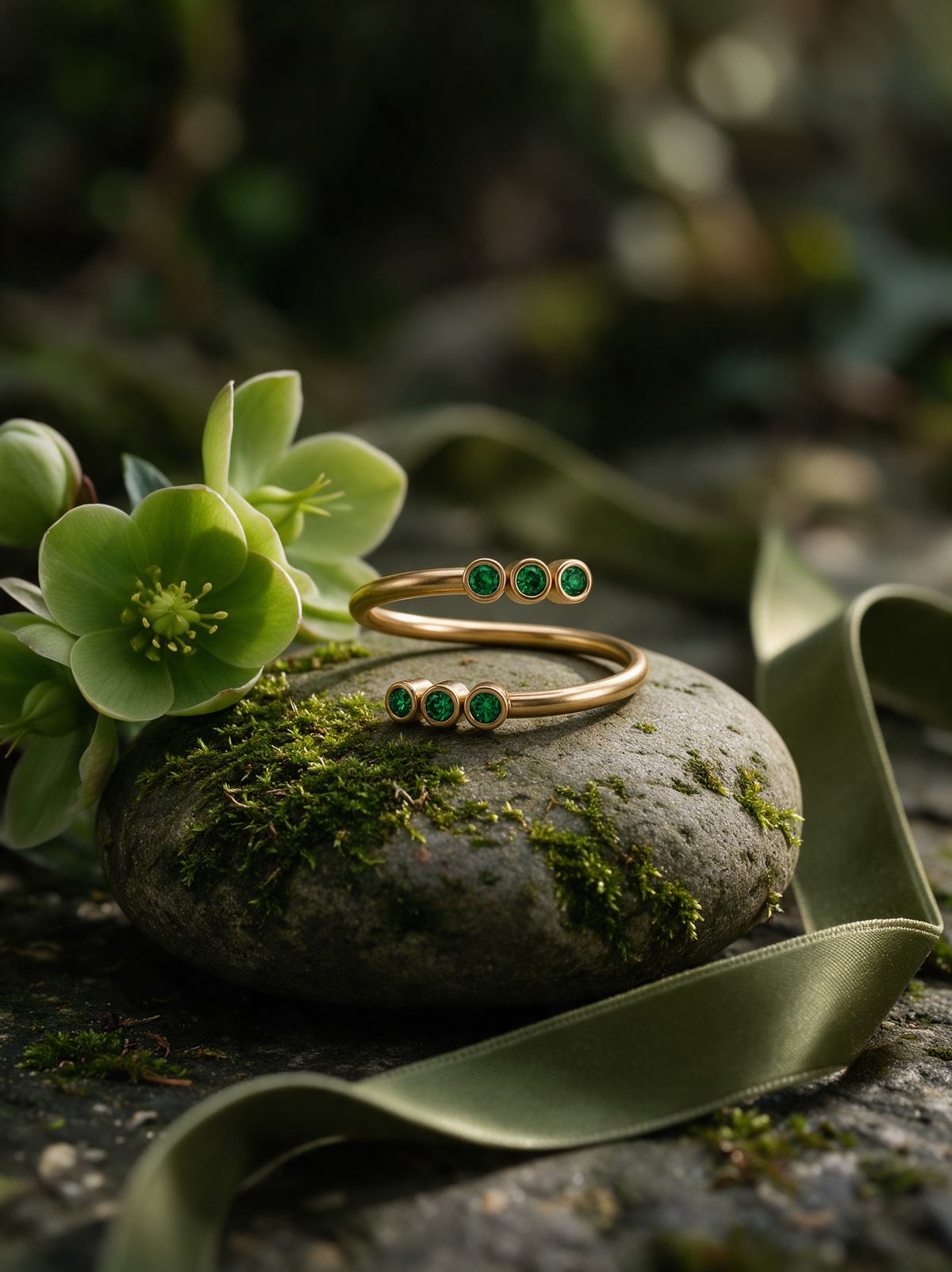 Twin Trail Ring in 18K gold vermeil with green stones on a mossy stone beside pale green flowers