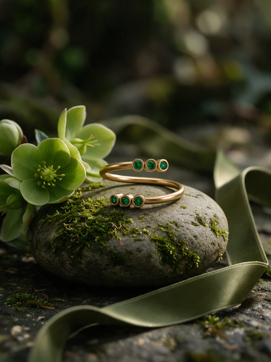 Twin Trail Ring in 18K gold vermeil with green stones on a mossy stone beside pale green flowers