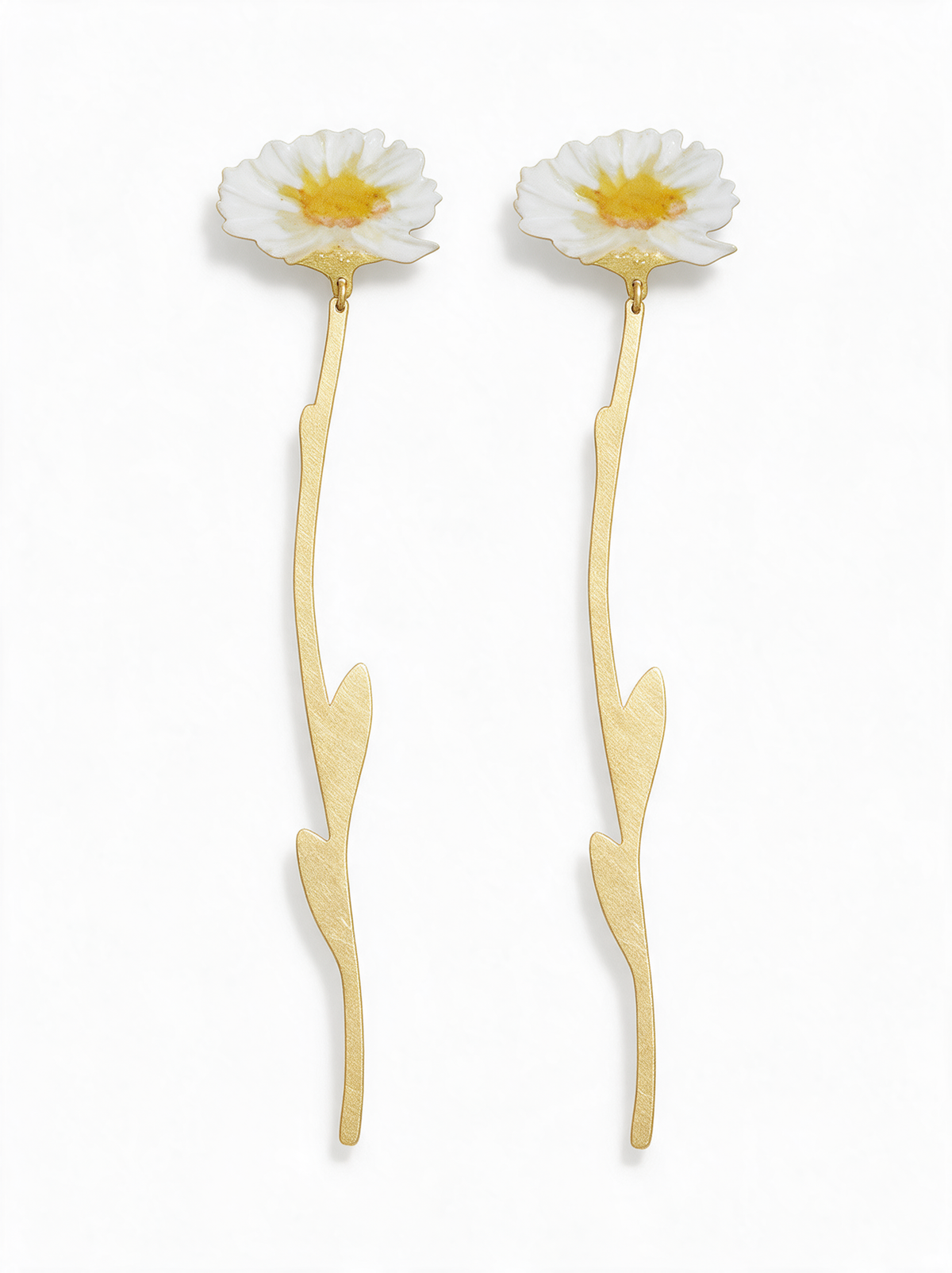 Daisy Stem Earrings in 18K Gold Vermeil, white enamel daisies on long brushed gold stems
