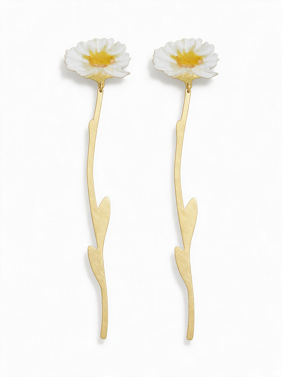 Daisy Stem Earrings in 18K Gold Vermeil, white enamel daisies on long brushed gold stems