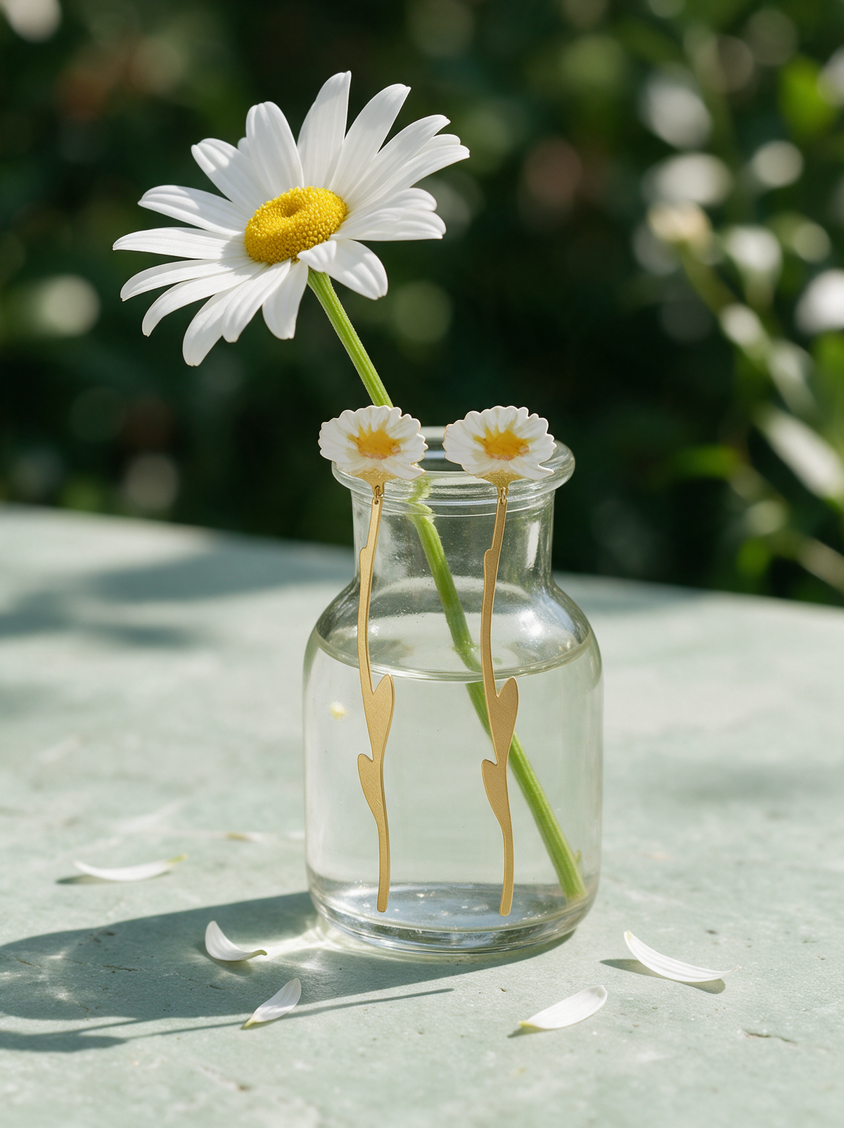 Daisy Stem Earrings on a glass bud vase with a fresh daisy