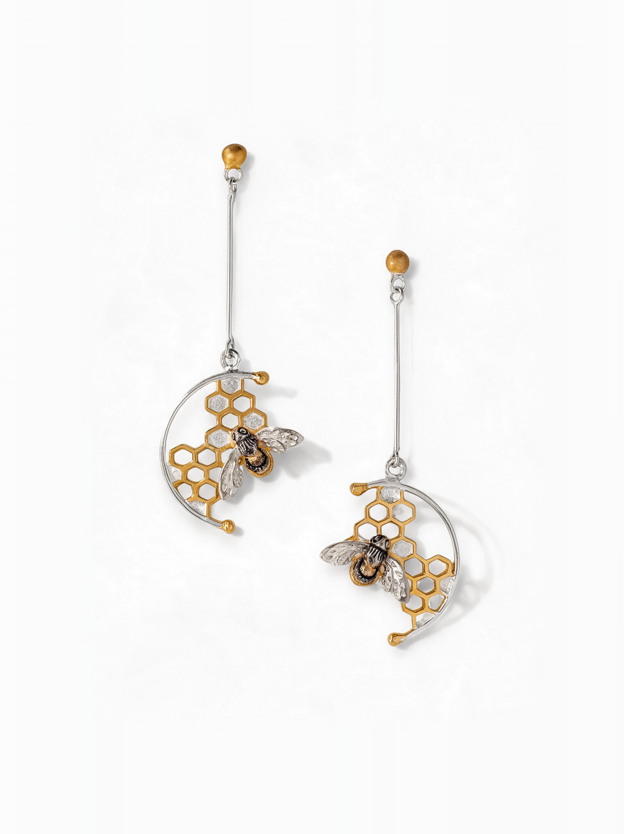 Honeybee Earrings in 18K Gold Vermeil and sterling silver: honeycomb drops with a bee on each