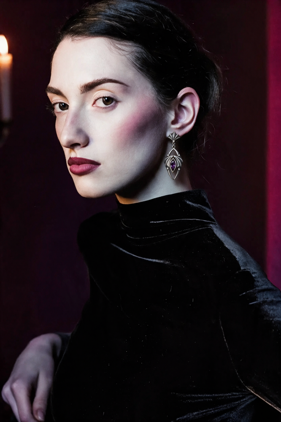 Model in black velvet wearing the Nocturne Earrings in oxidised silver with a purple stone