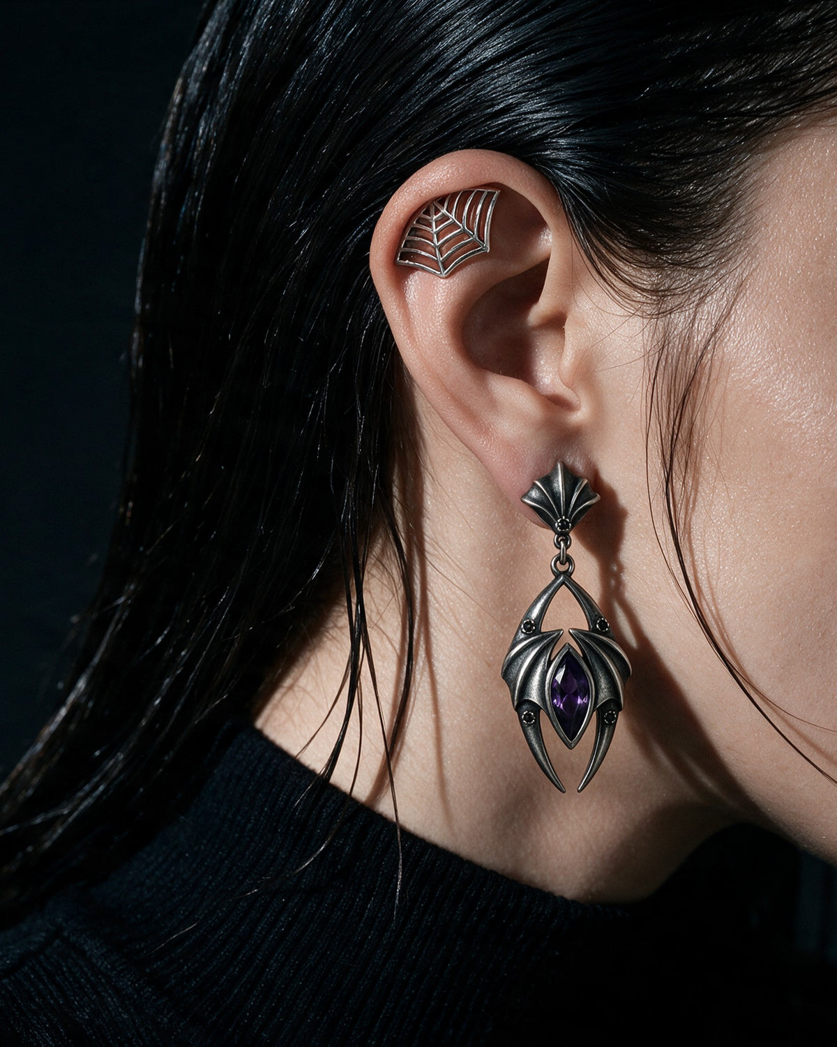 Qilver gothic earrings: bat-wing amethyst drop and spider-web ear cuff, oxidised silver