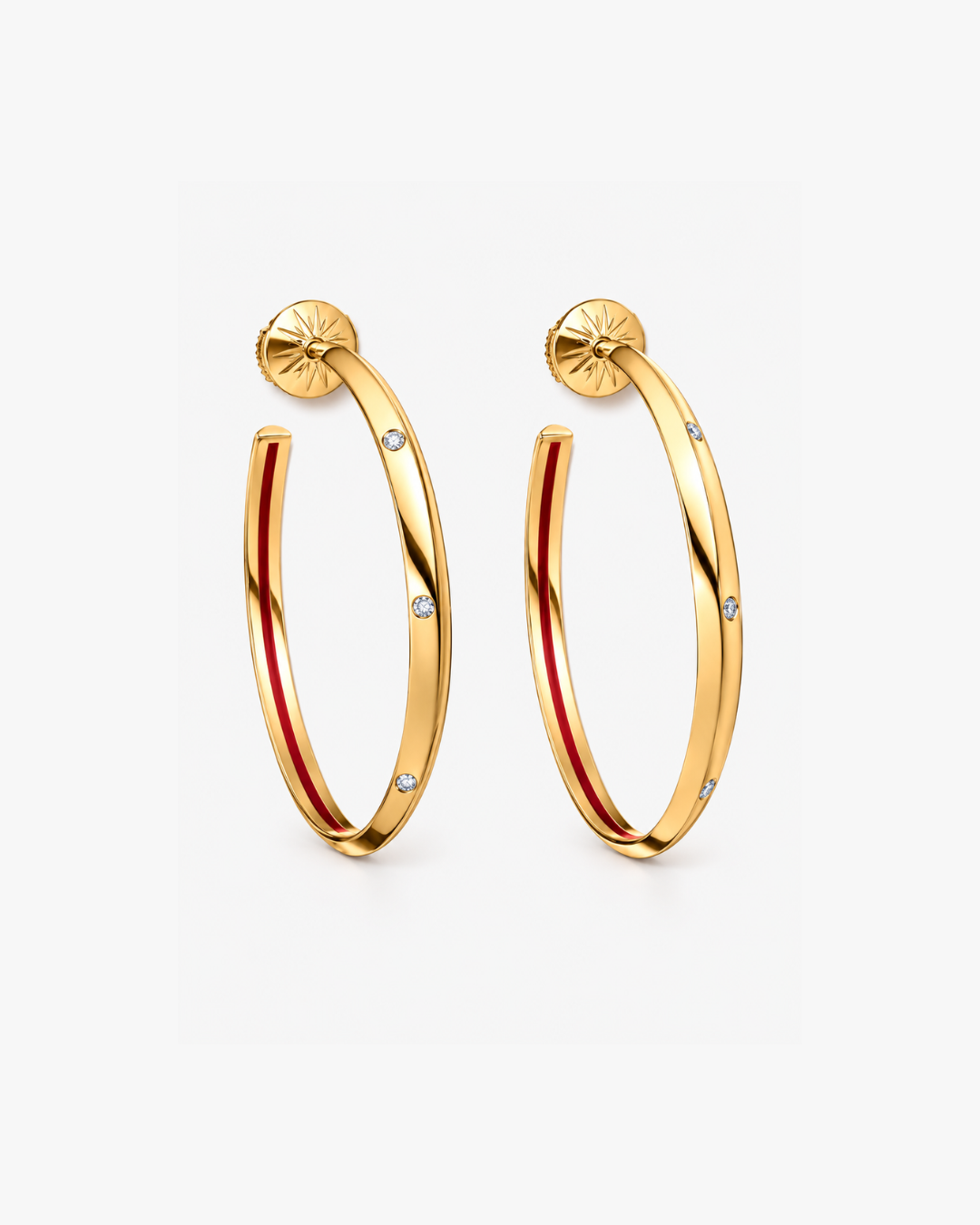 Fine Line Hoops, gold-tone, with a thin red line along the inner edge and a scatter of tiny stones