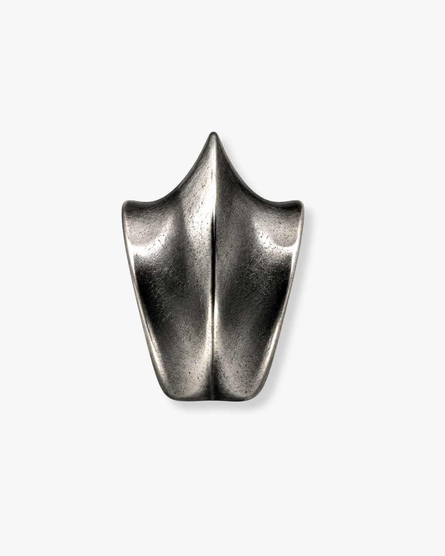 Crest Ear Cuff in oxidised silver, front view of the arched cuff tapering to a point