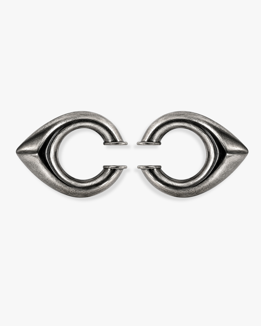 Drop Ear Cuff pair in brushed dark silver: draped, folded cuffs that need no piercing