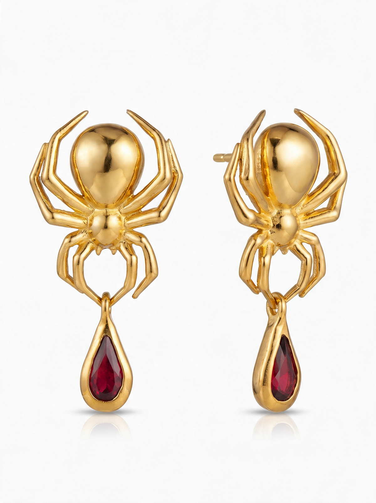 Spider Earrings in 18K gold vermeil, each spider holding a red teardrop stone