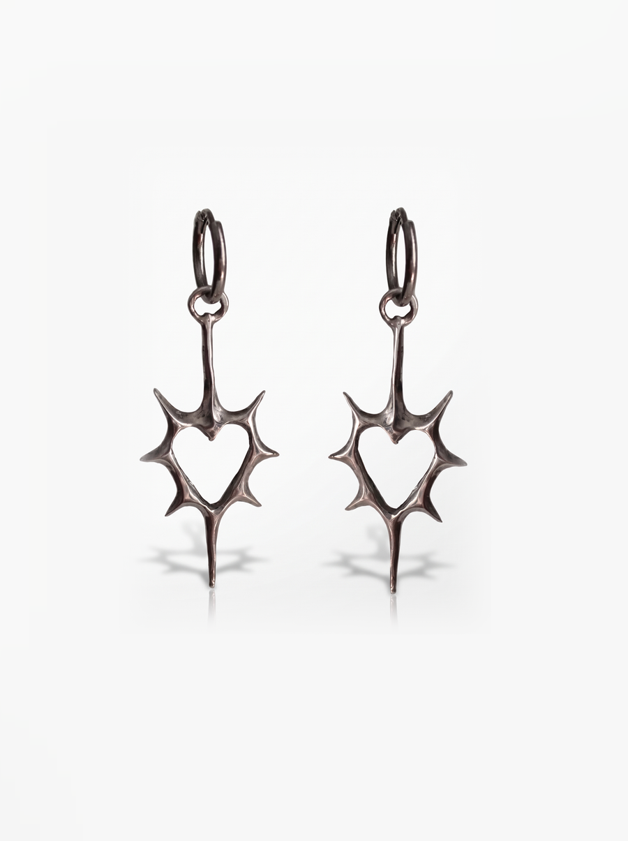 Thorn Heart Earrings — Oxidised Silver